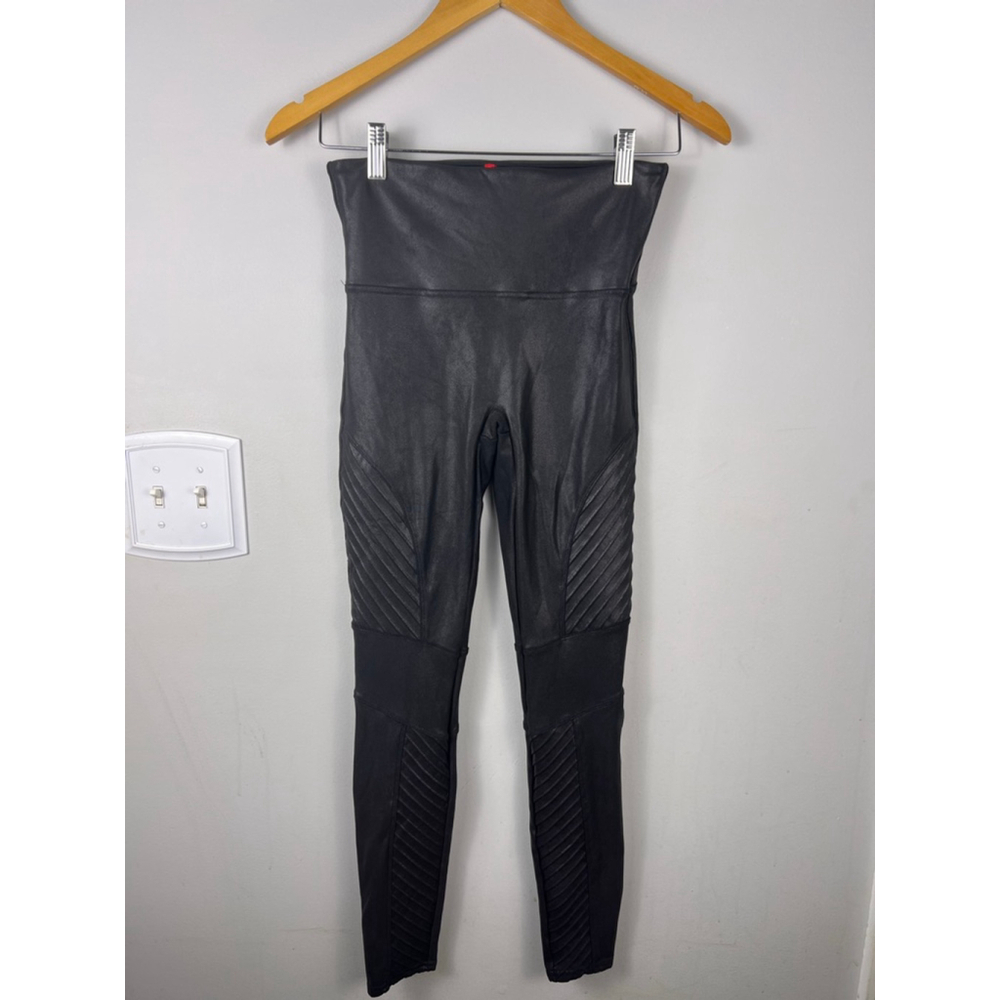 SPANX Faux Leather Moto Leggings Black High Rise Quilted Panels Women M Medium